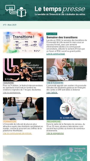 Bandeau « Le temps presse », ainsi que cinq actualités, illustrées à chaque fois de photos, dans diverses rubriques (À la une, Culture, Vie étudiante, Formation, Recerche)