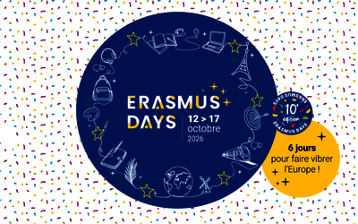 Plusieurs cercles colorés, avec diverses icônes, dans lesquels est écrit : Erasmus Days, 12 > 17 octobre 2026, 10e édition, 6 jours pour faire vibrer l’Europe